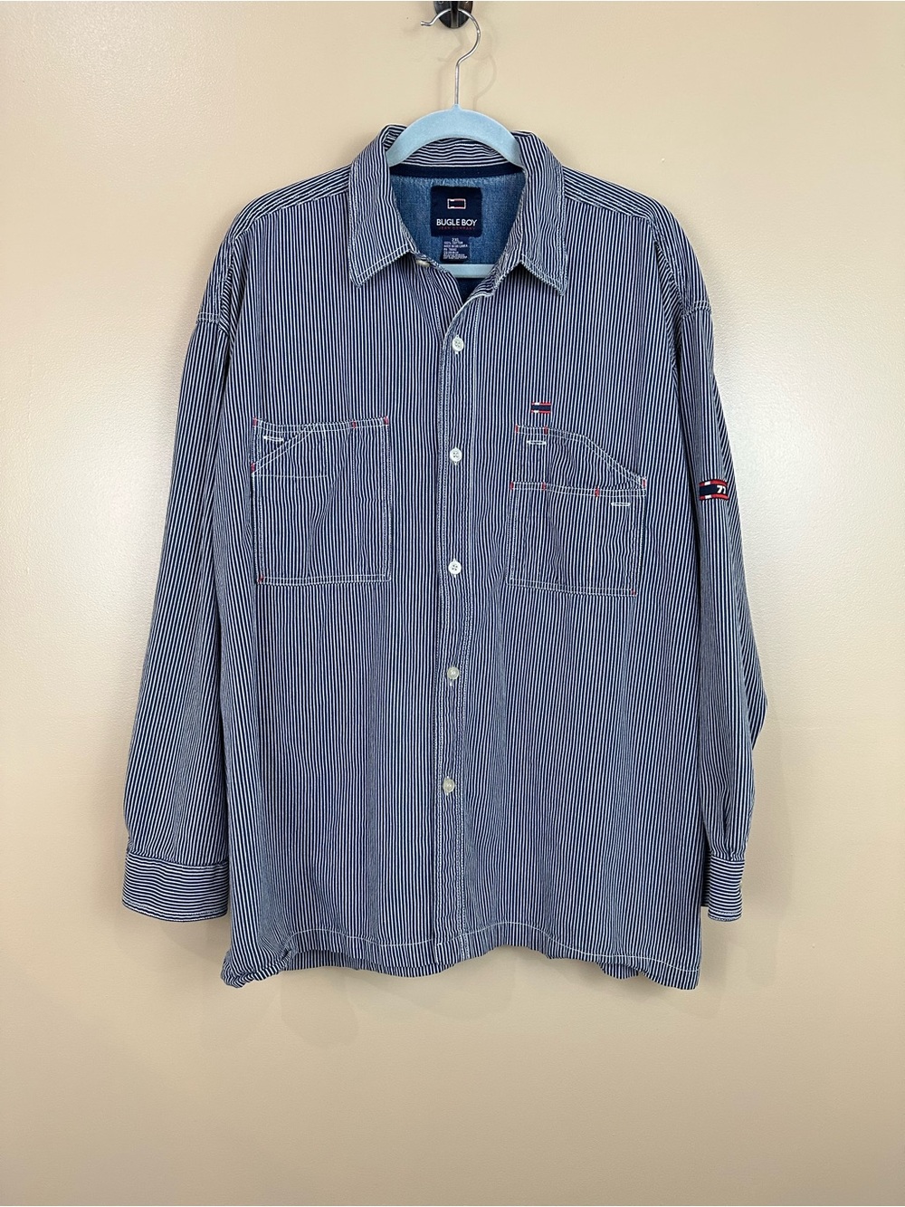 Vintage Bugle Boy Mens Blue Hickory Stripe 77 Work Shirt 2XL 90s Y2K Utility
